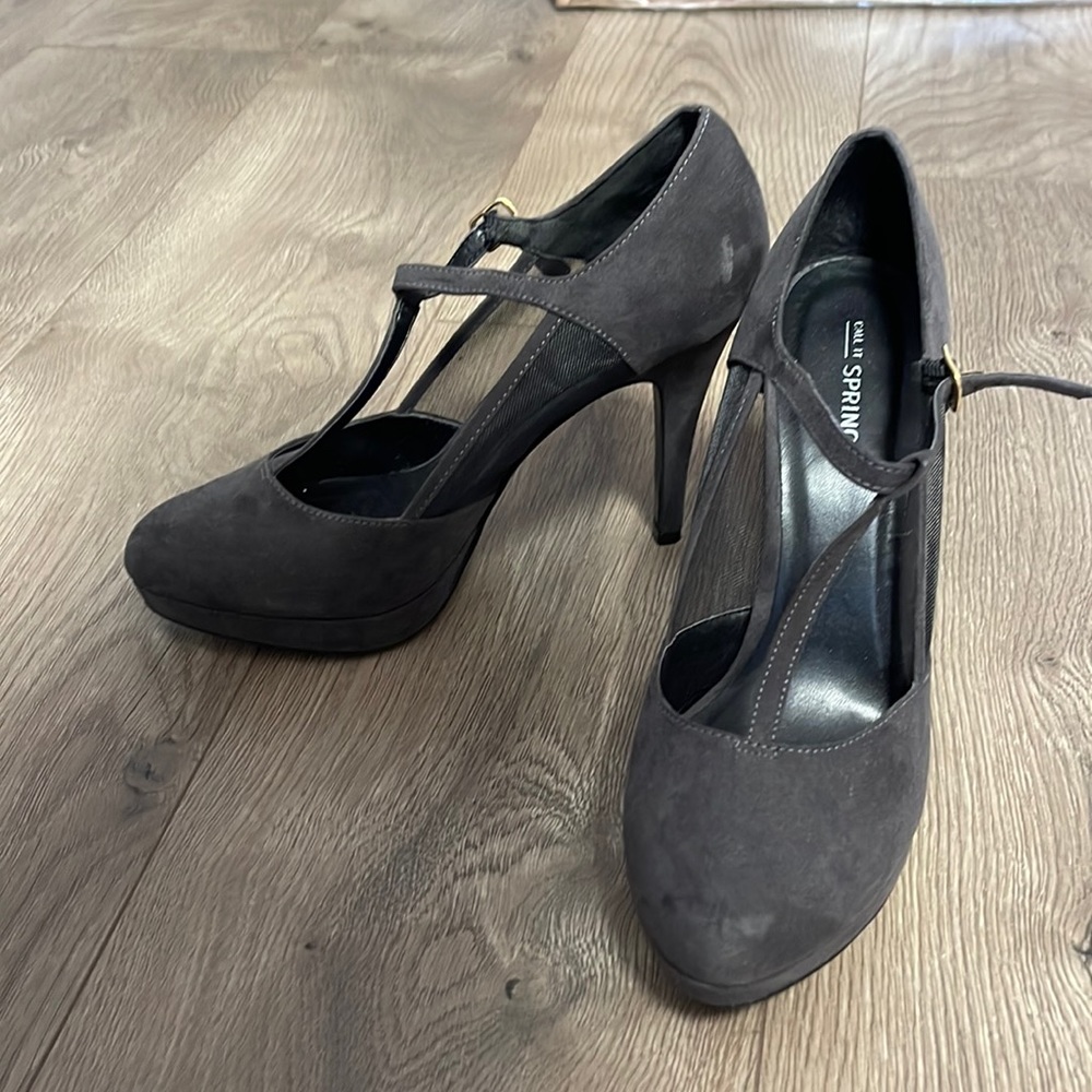 Call it Spring Grey heels with black mesh detailing